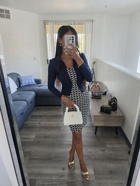 Navy & White Houndstooth Sheath Dress with Navy Cardigan